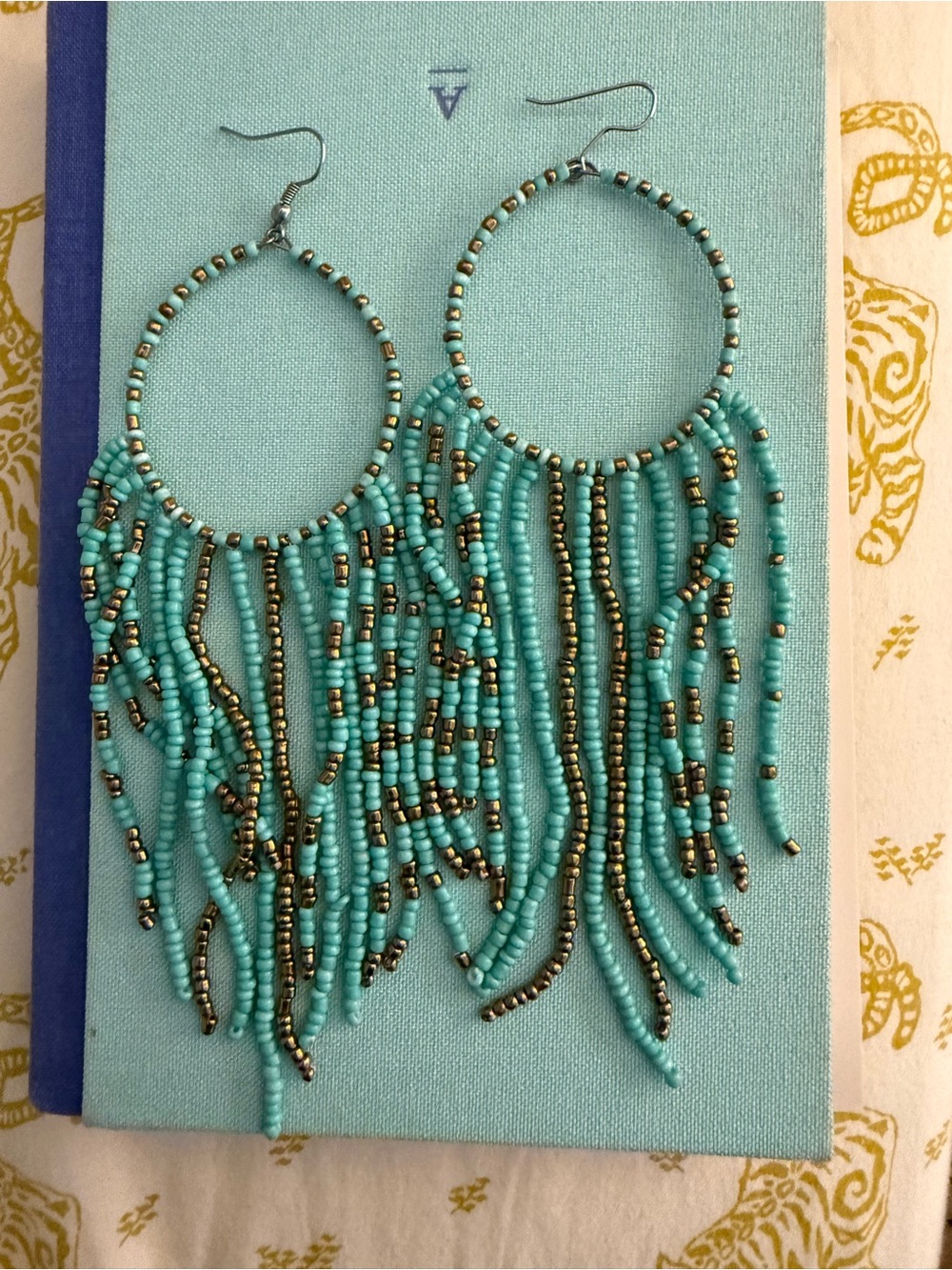 Women’s Beaded Drop Earrings Turquoise Gold 6”